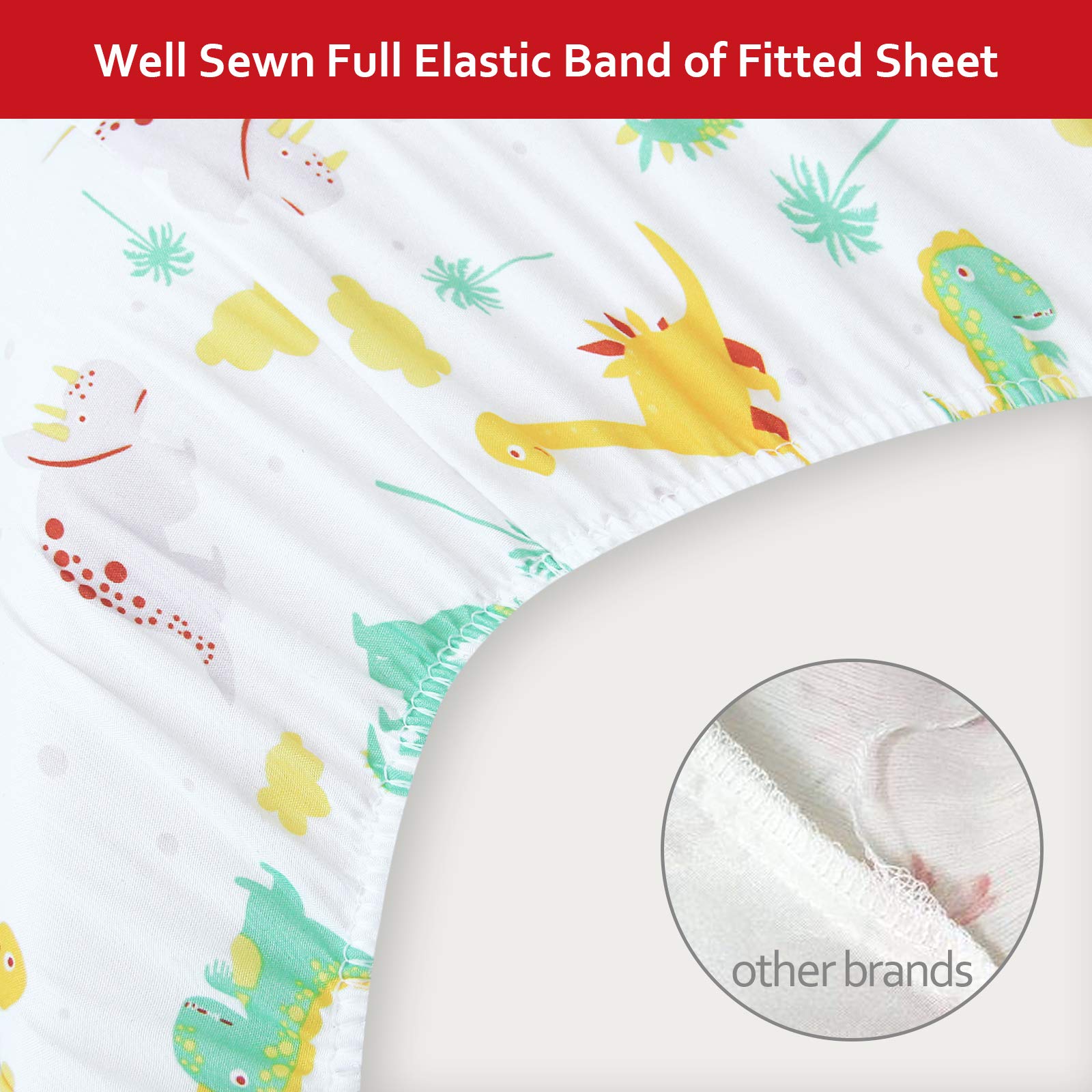 Moonsea dinosaur pattern closeup shows colorful, breathable microfiber for baby comfort.