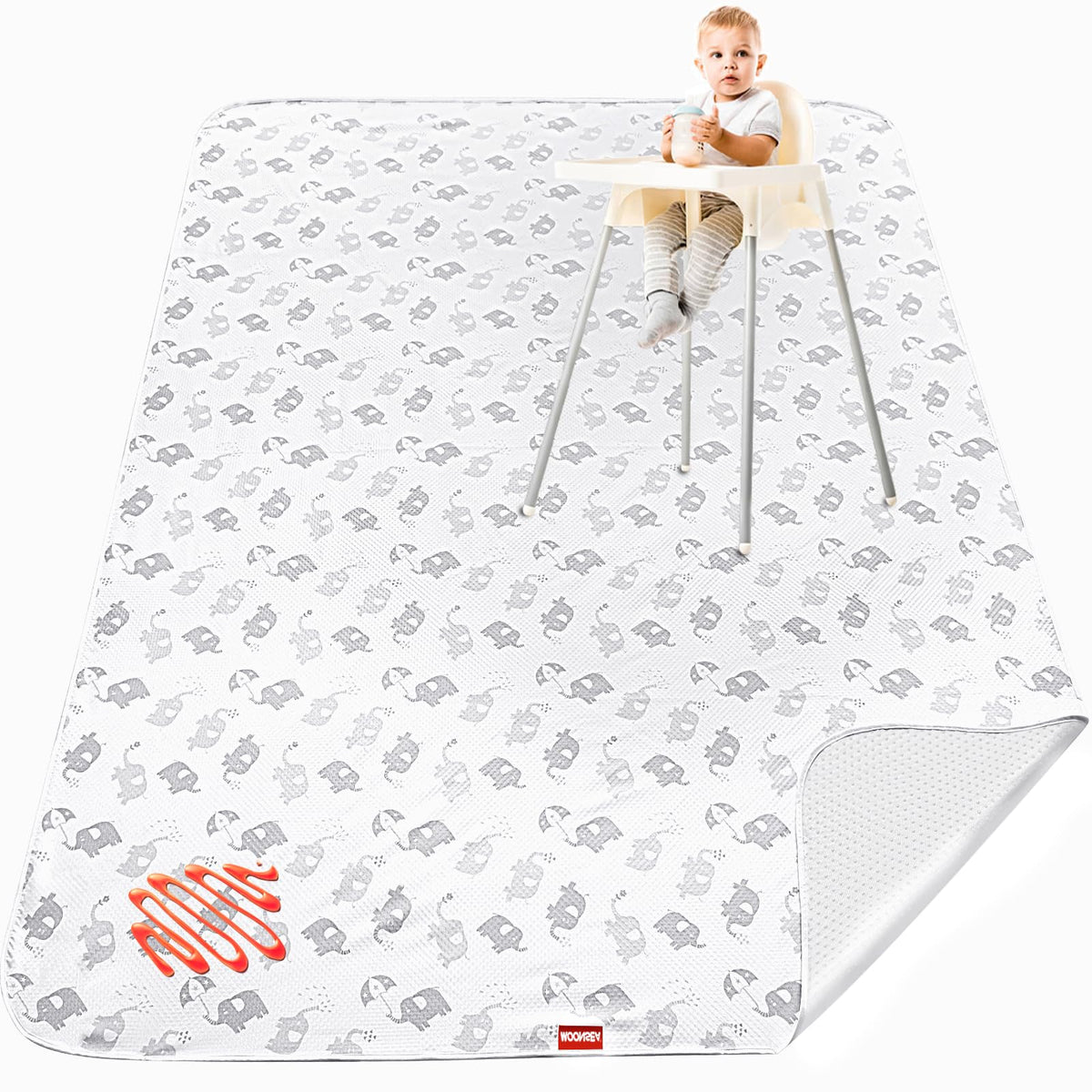 Moonsea elephant splat mat under high chair image shows wide coverage to catch spills.