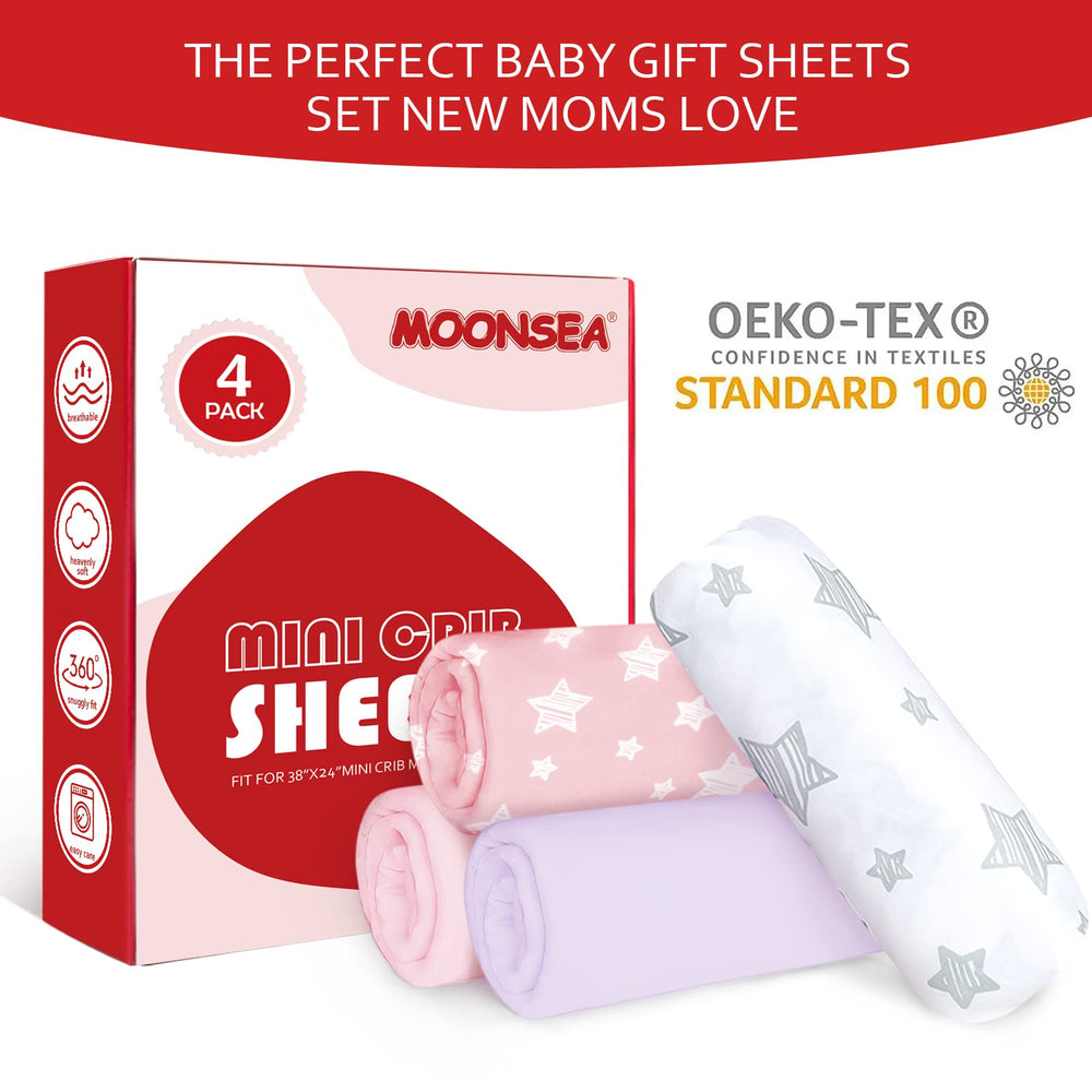 Moonsea mini crib sheets microfiber fabric closeup emphasizes breathable comfort for baby nights.