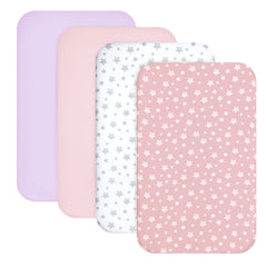 Moonsea mini crib sheets pink pack closeup showing cozy fit for standard mini crib with elastic edge.