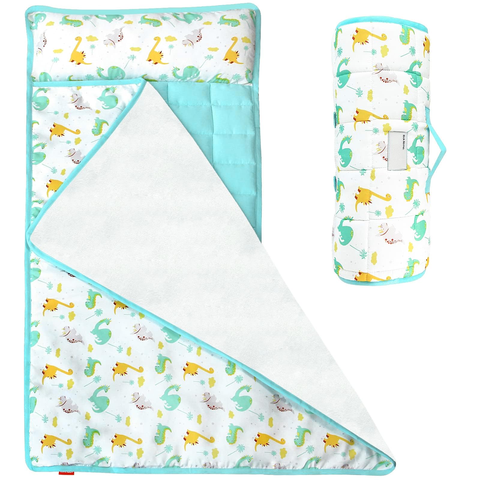 Moonsea nap mat with dinosaur-pattern highlights soft fleece for cozy preschool naps.