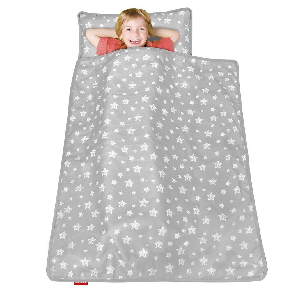 Moonsea nap mat grey packaging and fluffing step for full loft