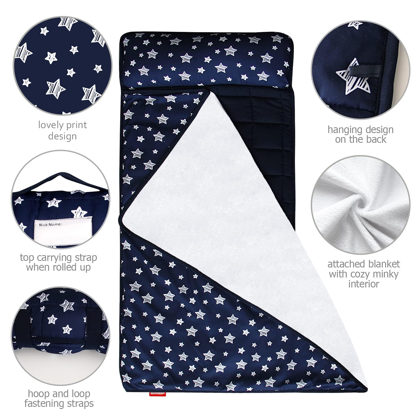 Moonsea Navy star pattern close-up highlights soft fleece minky texture.