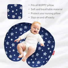Moonsea pillow cover closeup highlights fit for 20x16 and 22.5x18 Boppy pillows