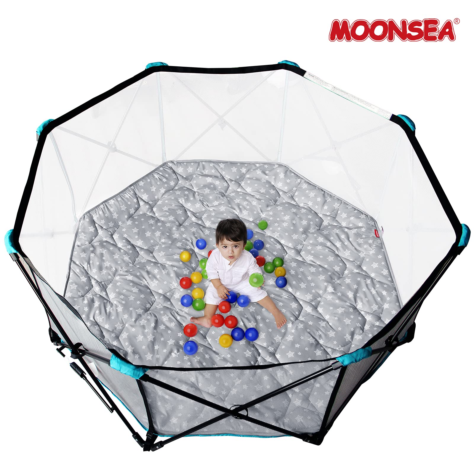 Moonsea octagon playpen mat grey star vacuum pack ready for easy setup