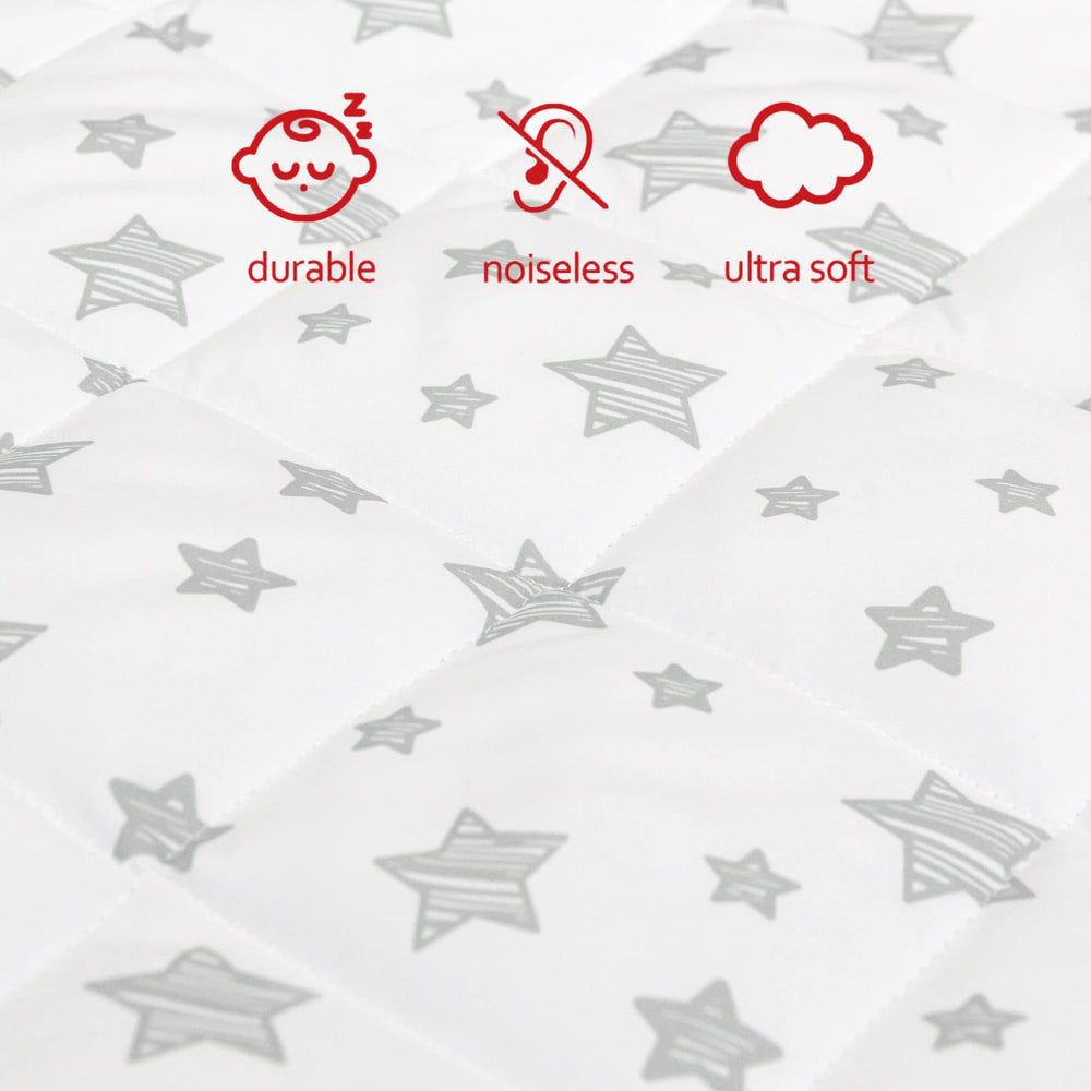 Moonsea quilted fabric closeup highlights cushioning and quiet, crinkle-free experience.