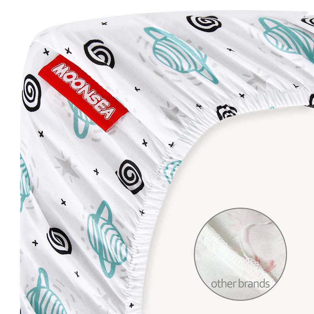 Moonsea Pack and Play Sheets elastic edge closeup demonstrates snug fit