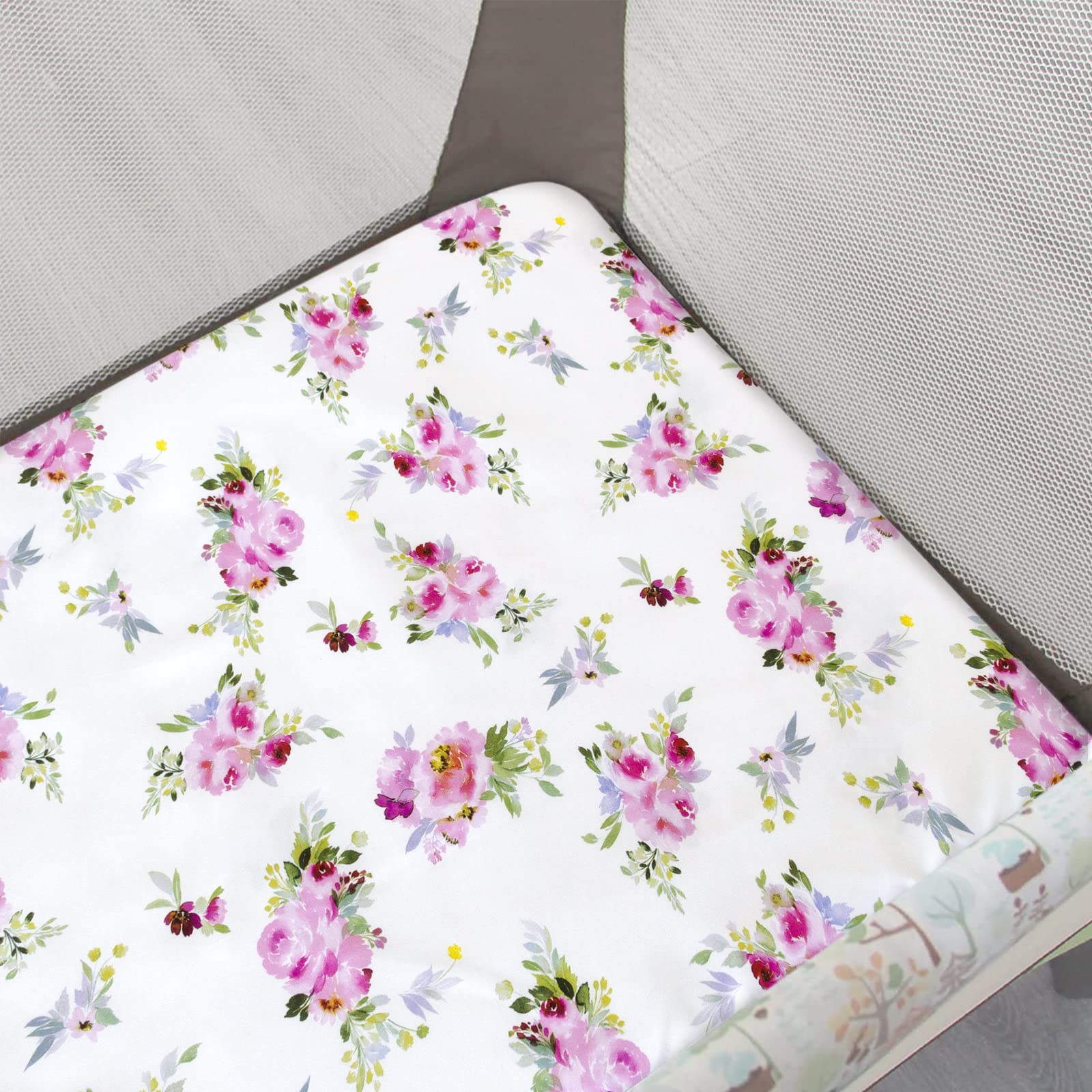 Moonsea Pack and Play Sheets floral pattern on playard showing Graco compatibility