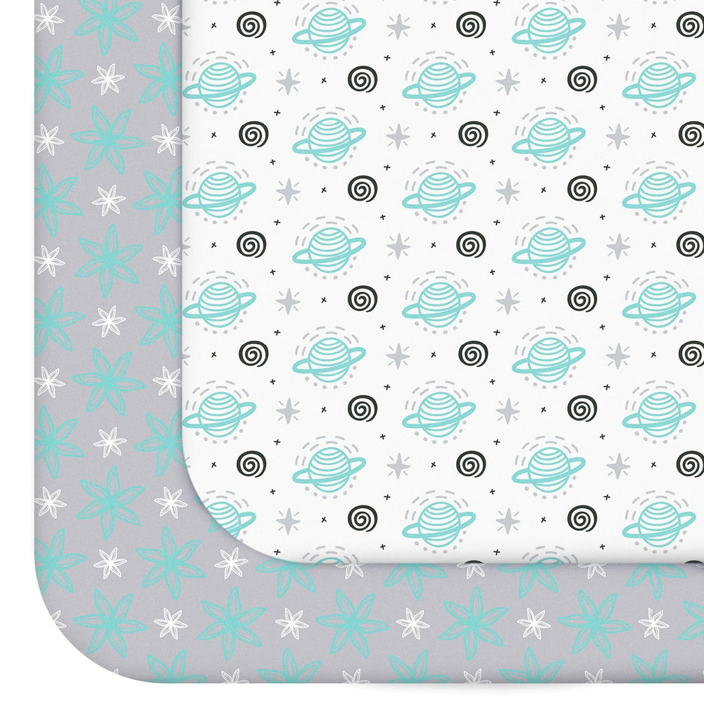 Moonsea Pack and Play Sheets planet pattern closeup highlights soft, kid-friendly print