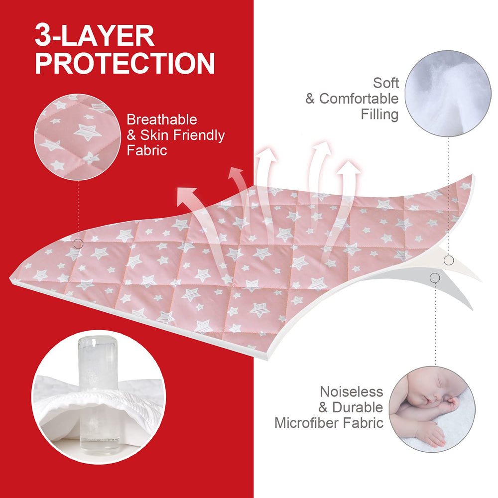Moonsea pack n play sheet bottom layer stays quiet, reducing crinkling noises.
