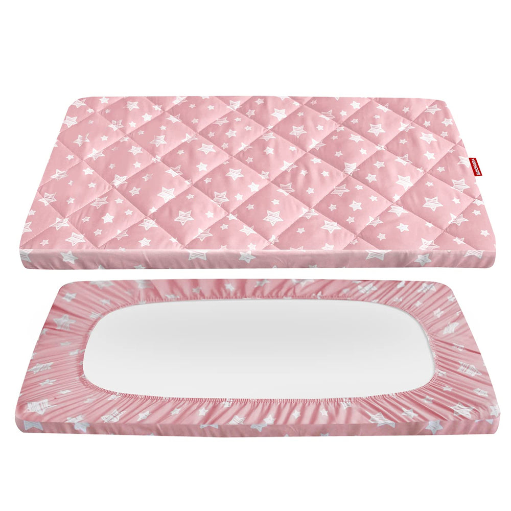 Moonsea pack n play sheet with star-pattern cover adds playful touch for cozy naps.