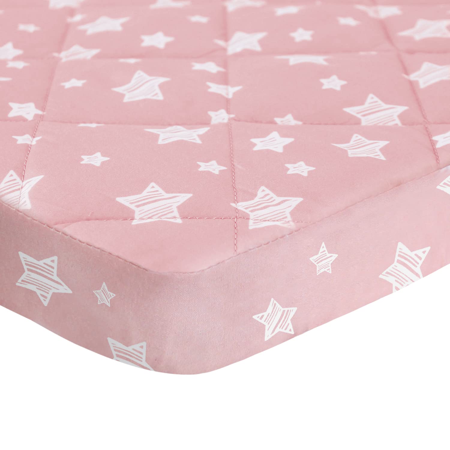 Moonsea quilted cushioning on pack n play sheet provides gentle support during playtime.