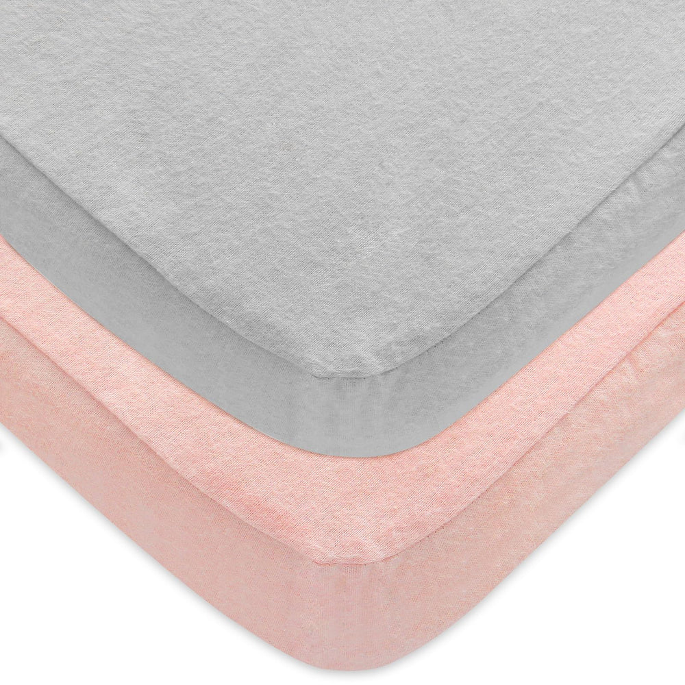 Moonsea pack-n-play sheets 2-pack in grey and pink, ultra-soft flannel for gentle sleep
