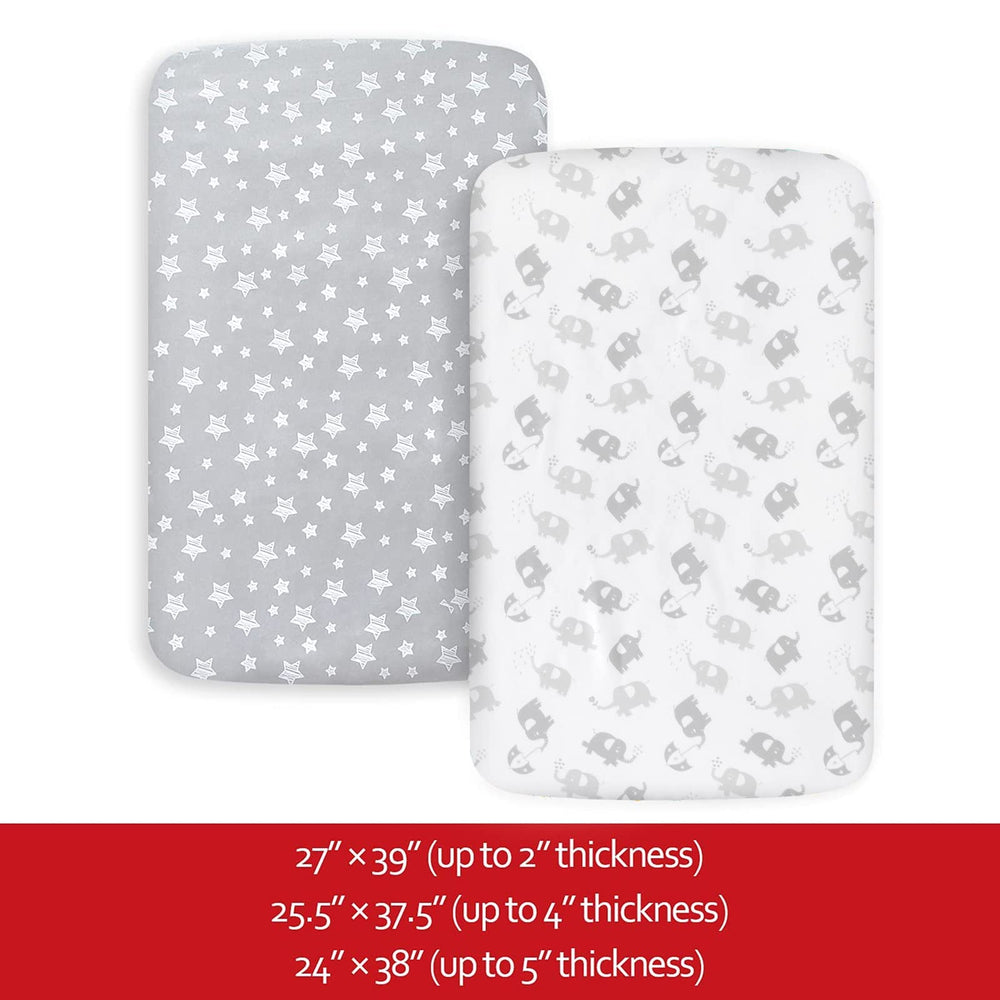 Moonsea pack n play sheets elastic-edge close-up highlights snug fit features.