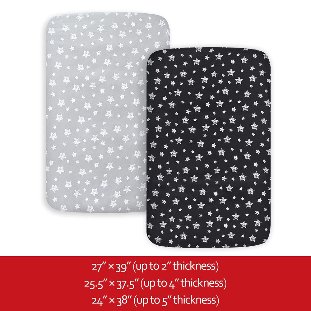 Moonsea Pack N Play Sheets product shot on crib mattress highlights fitted design.