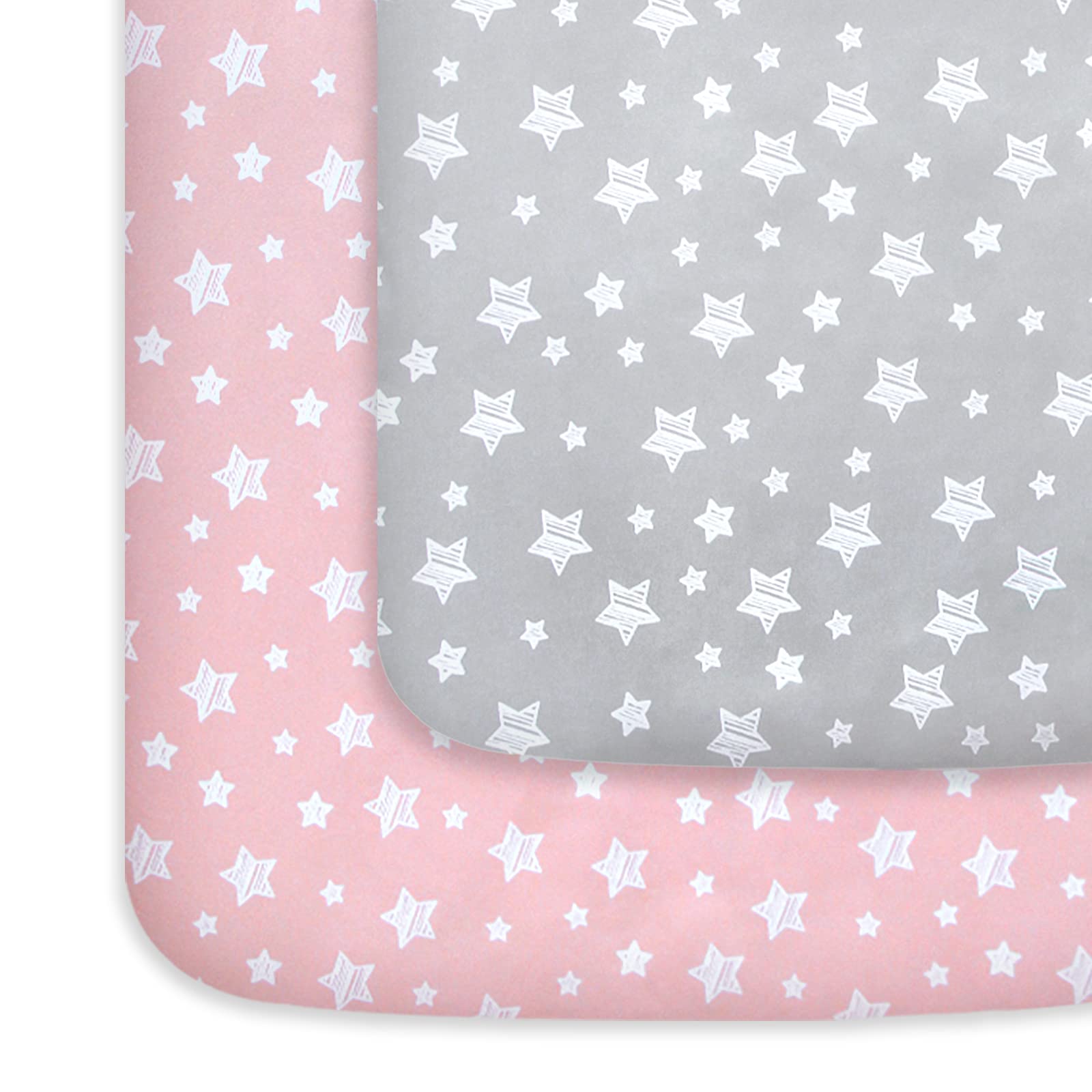 Moonsea pack n play sheets 2-pack folded in grey pink for soft breathable comfort