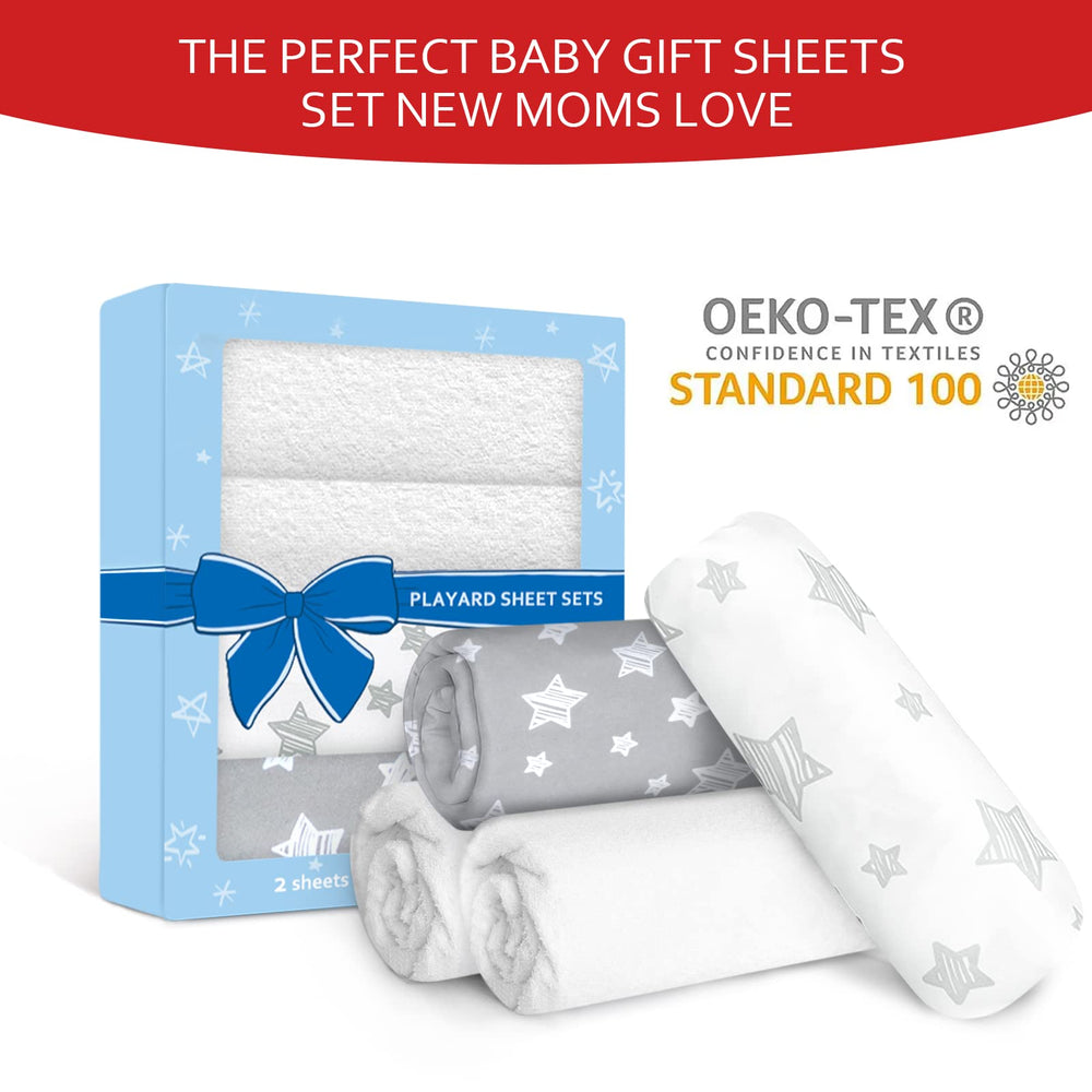 Moonsea pack-n-play-sheets-patterns-grey-white arranged to complement modern nursery decor.