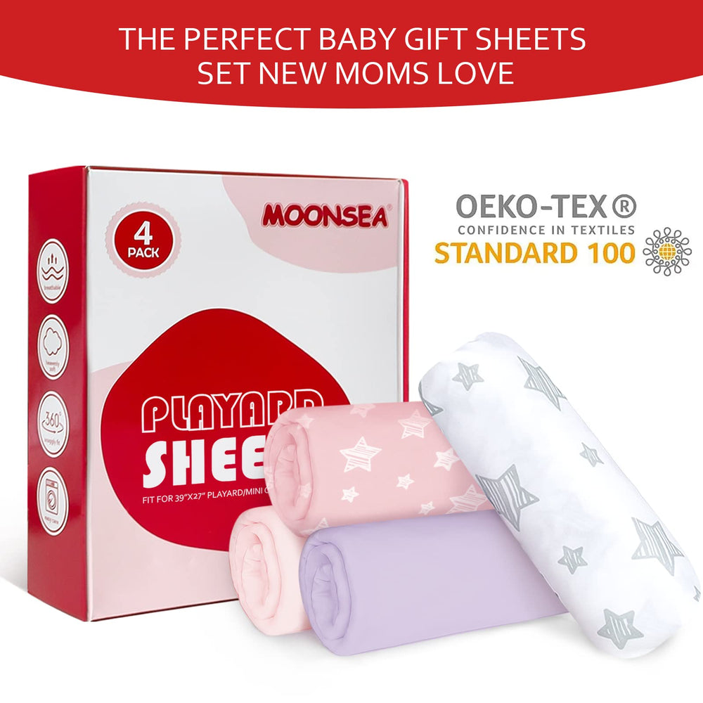 Moonsea pack-n-play-sheets-snug-fit-elastic-edge ensures safe, secure cover on standard playard.