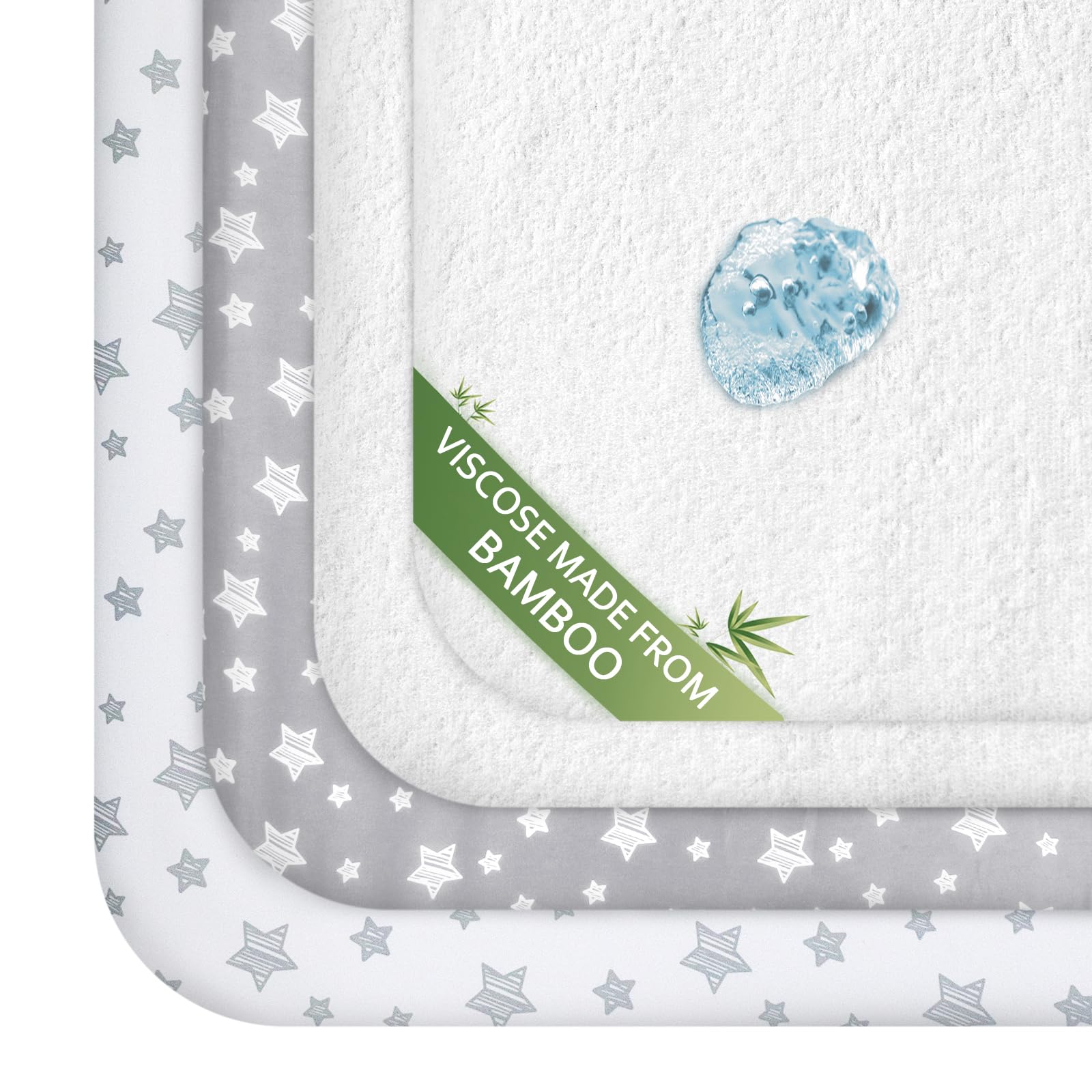 Moonsea pack-n-play-sheets top view in grey and white for nursery styling.