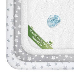 Moonsea pack-n-play-sheets top view in grey and white for nursery styling.