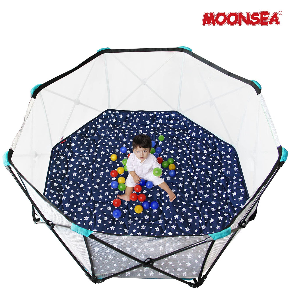 Moonsea playpen mat navy care instructions suggest washing and patting to restore shape