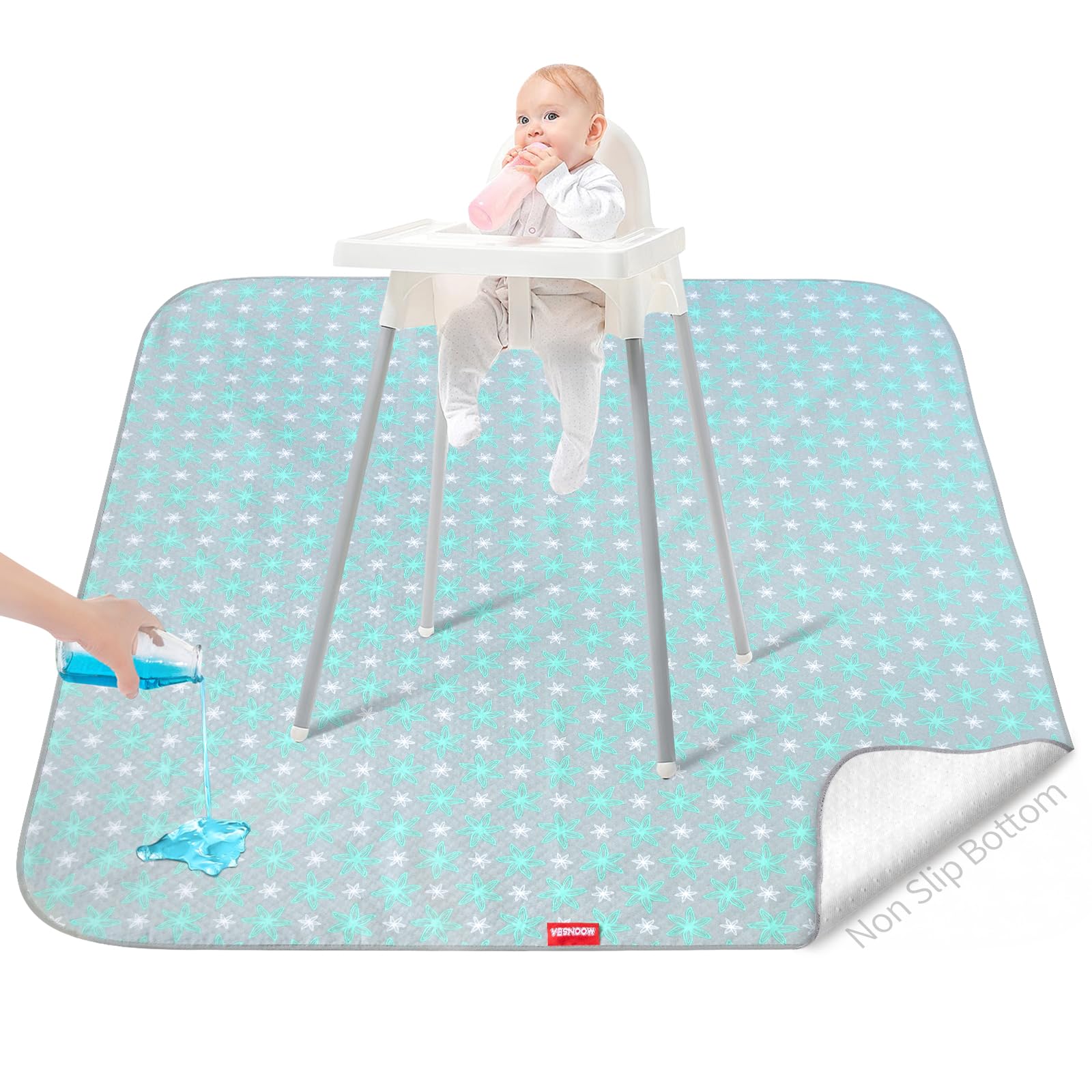 Moonsea Splat Mat under high chair showing full 42x46 inch coverage protects floors
