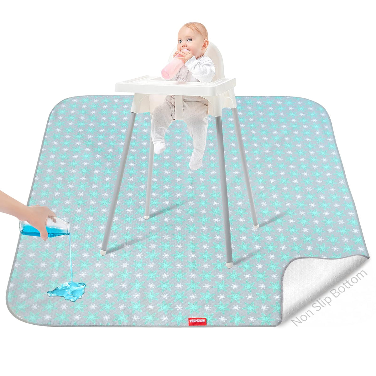 Moonsea Splat Mat under high chair showing full 42x46 inch coverage protects floors