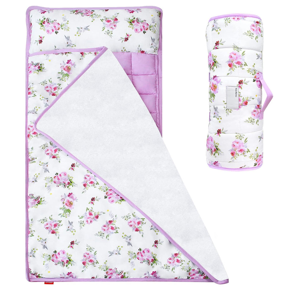 Moonsea Toddler Nap Mat floral cover offers cozy preschool nap time comfort.