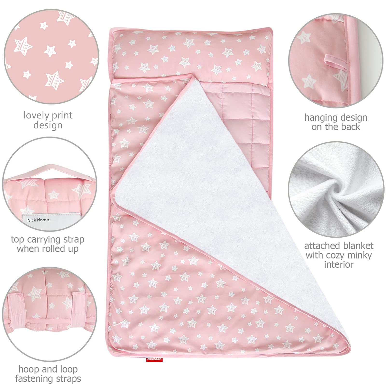Moonsea nap mat pink rolled with carrying handle for on the go rest.