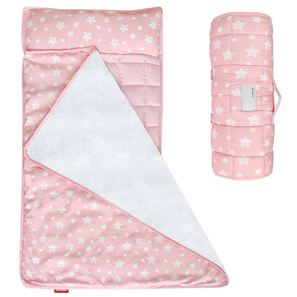 Moonsea toddler nap mat pink in soft fleece for cozy preschool naps.