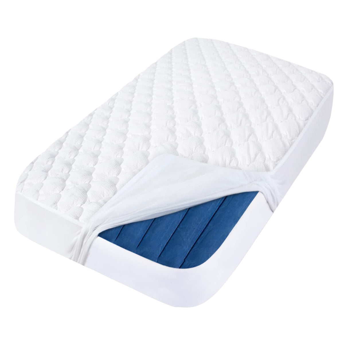 Moonsea toddler travel bed protector shows waterproof fit with hiccapop travel bed for leak defense.