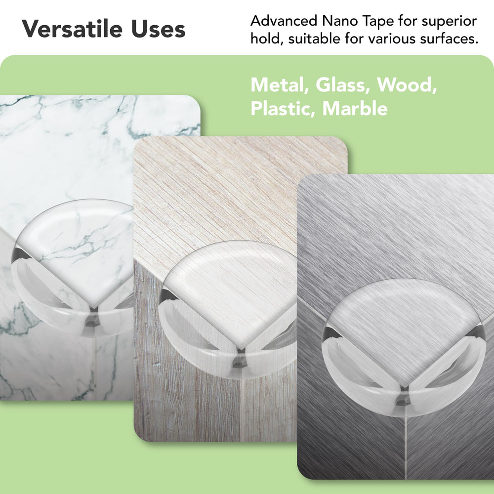 Moonybaby corner protectors installed on wood, glass, and metal demonstrate versatility.
