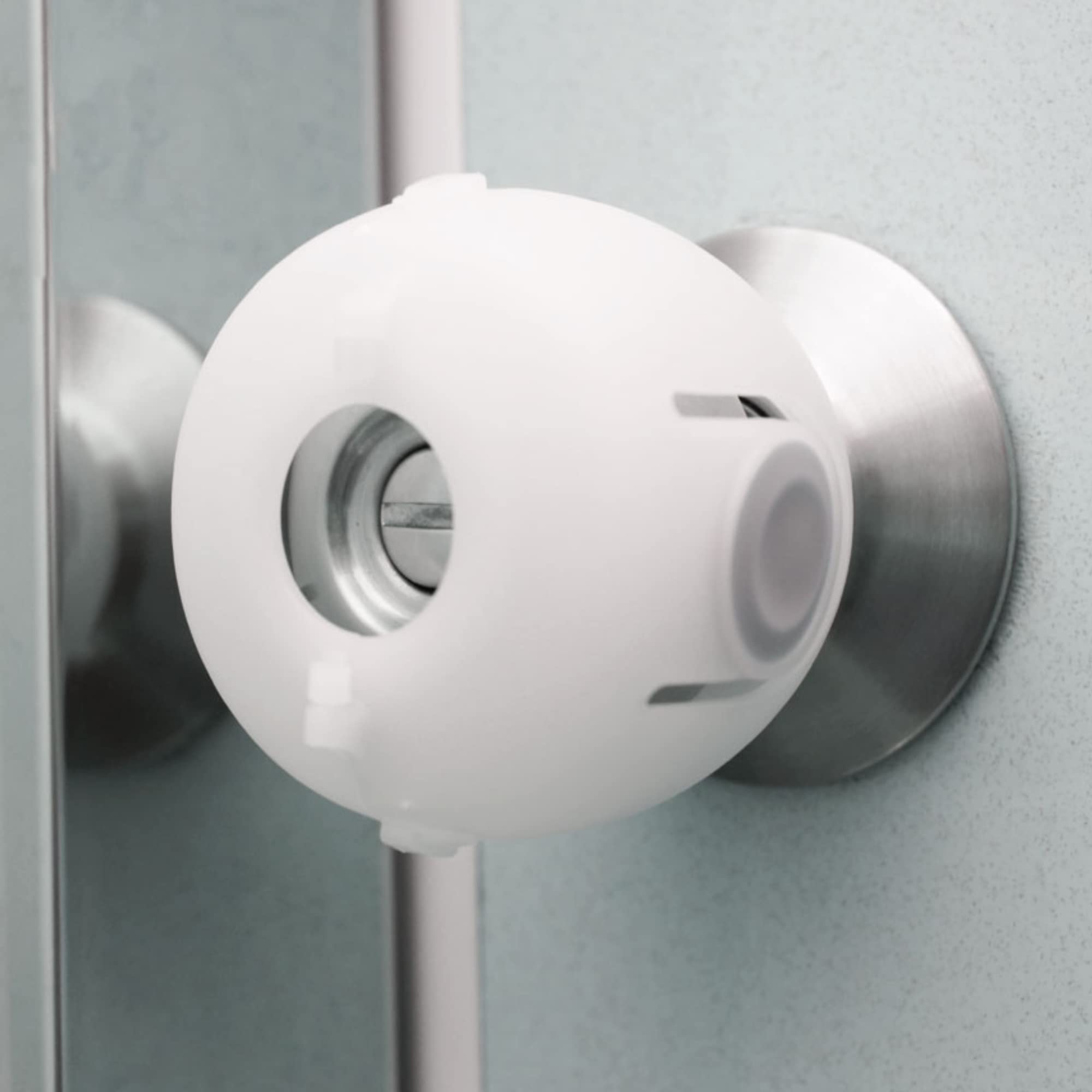 Moonybaby door knob safety cover 4-pack on door helps limit kid access safely.