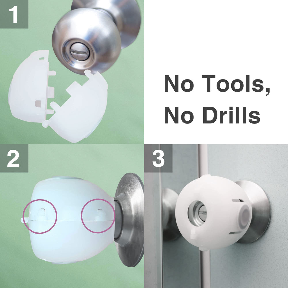 Moonybaby door knob safety cover press-buttons demonstration highlights simple operation with double buttons.