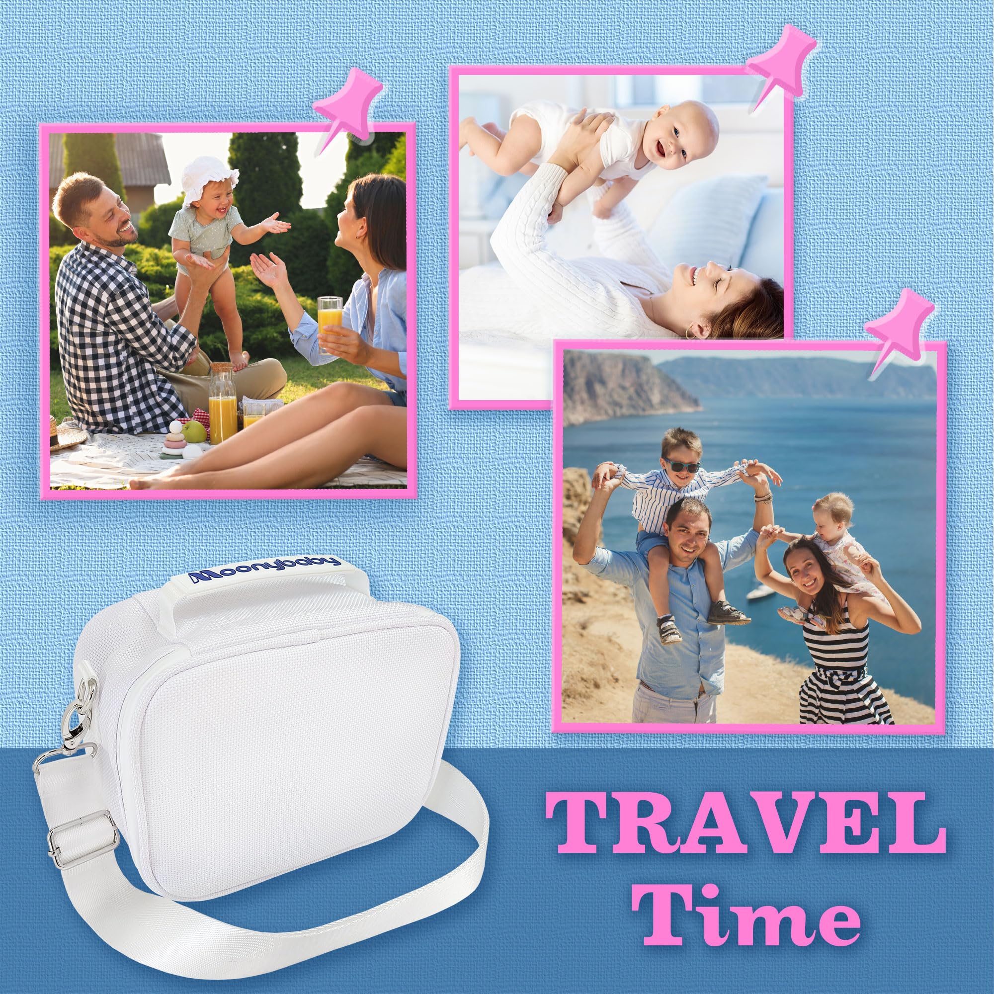 Moonybaby travel bag in-use scenario on a shelf with baby gear nearby