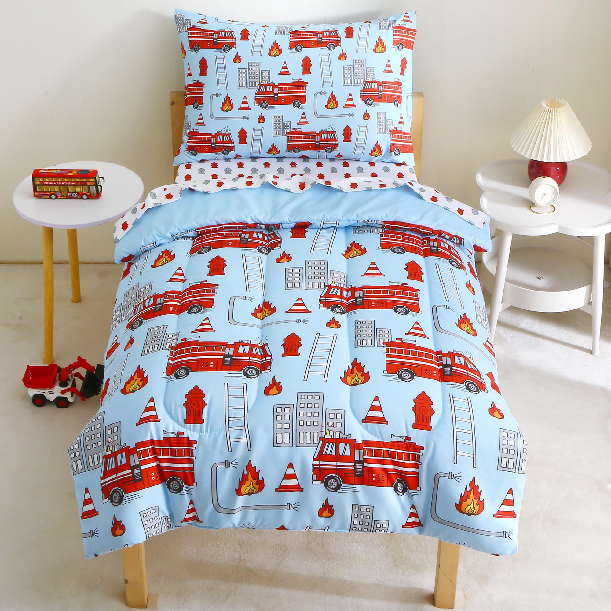 Mooreeke fire truck blue comforter for cozy toddler bedtimes.