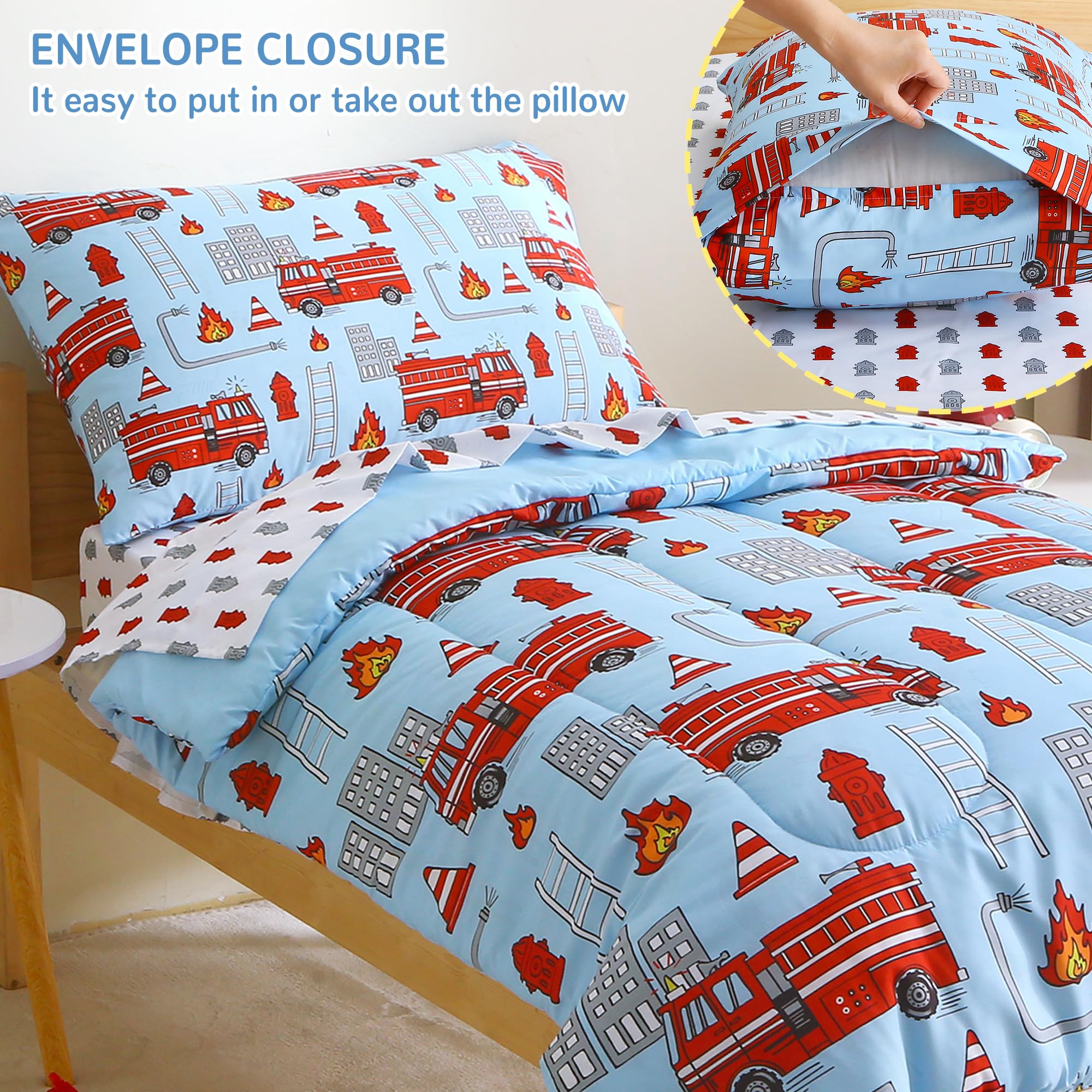 Mooreeke fire truck blue fitted sheet stays on standard toddler bed.