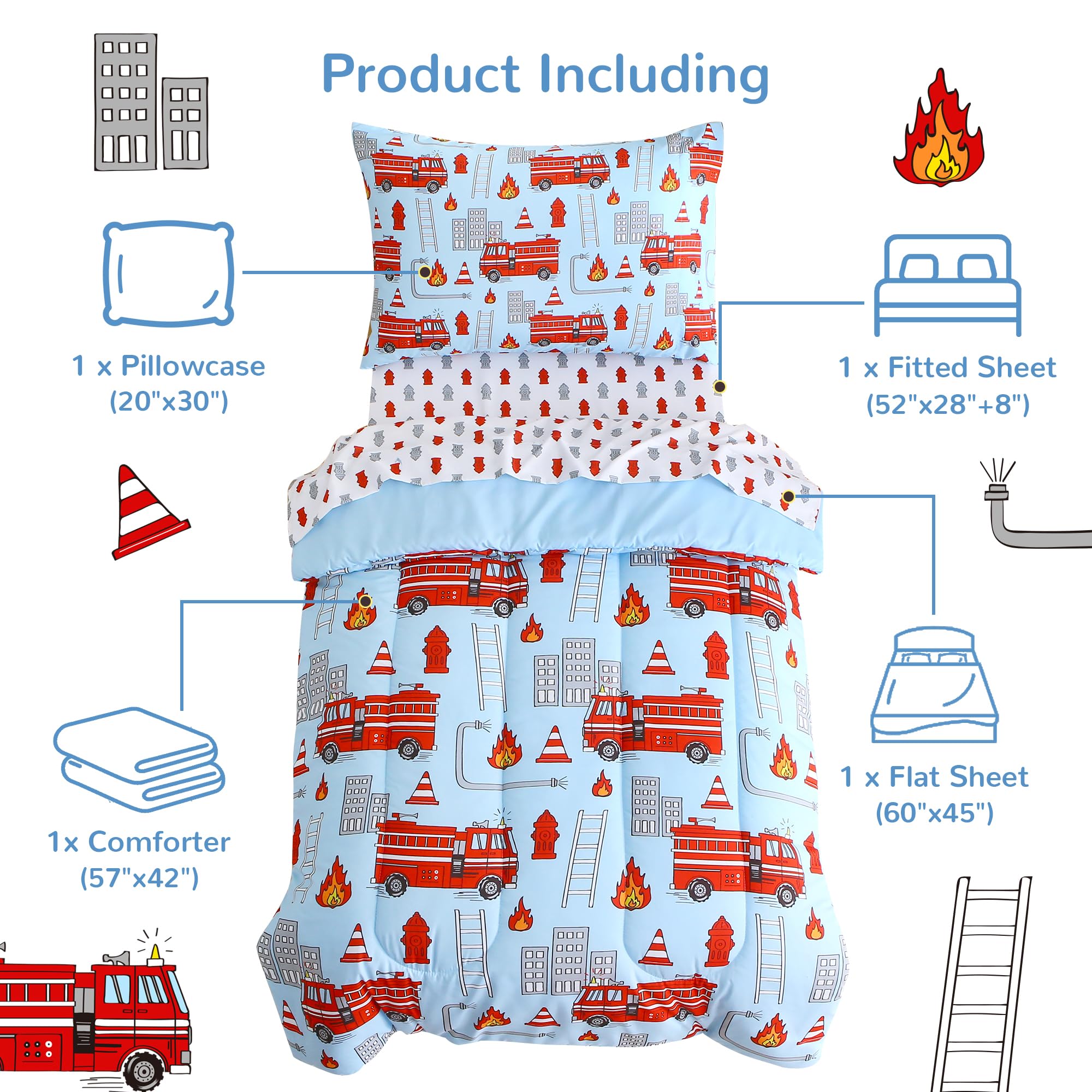 Mooreeke fire truck blue flat sheet keeps toddler warm and comfy.
