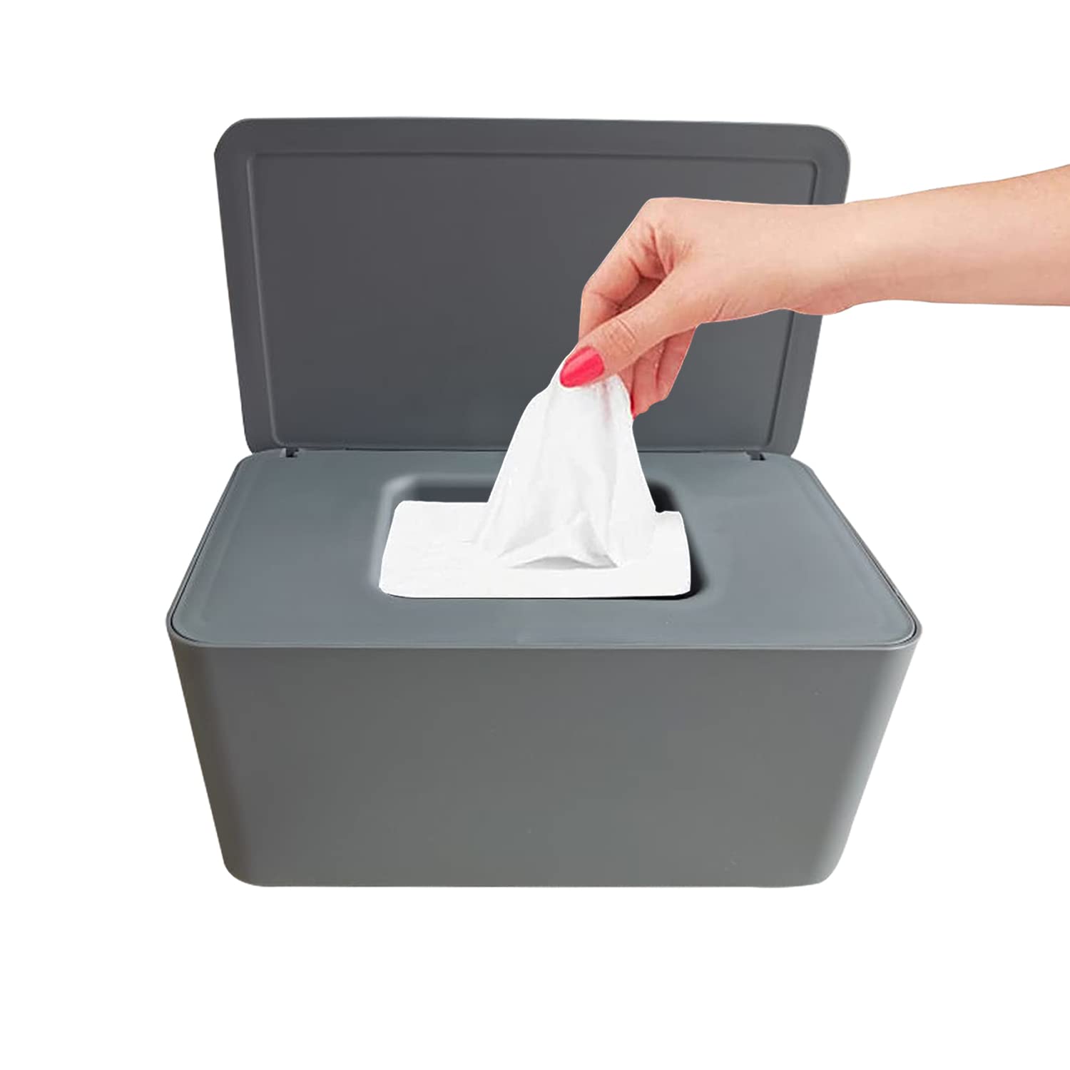 Moorfowl baby wipe dispenser front view showing minimalist storage for quick diaper changes