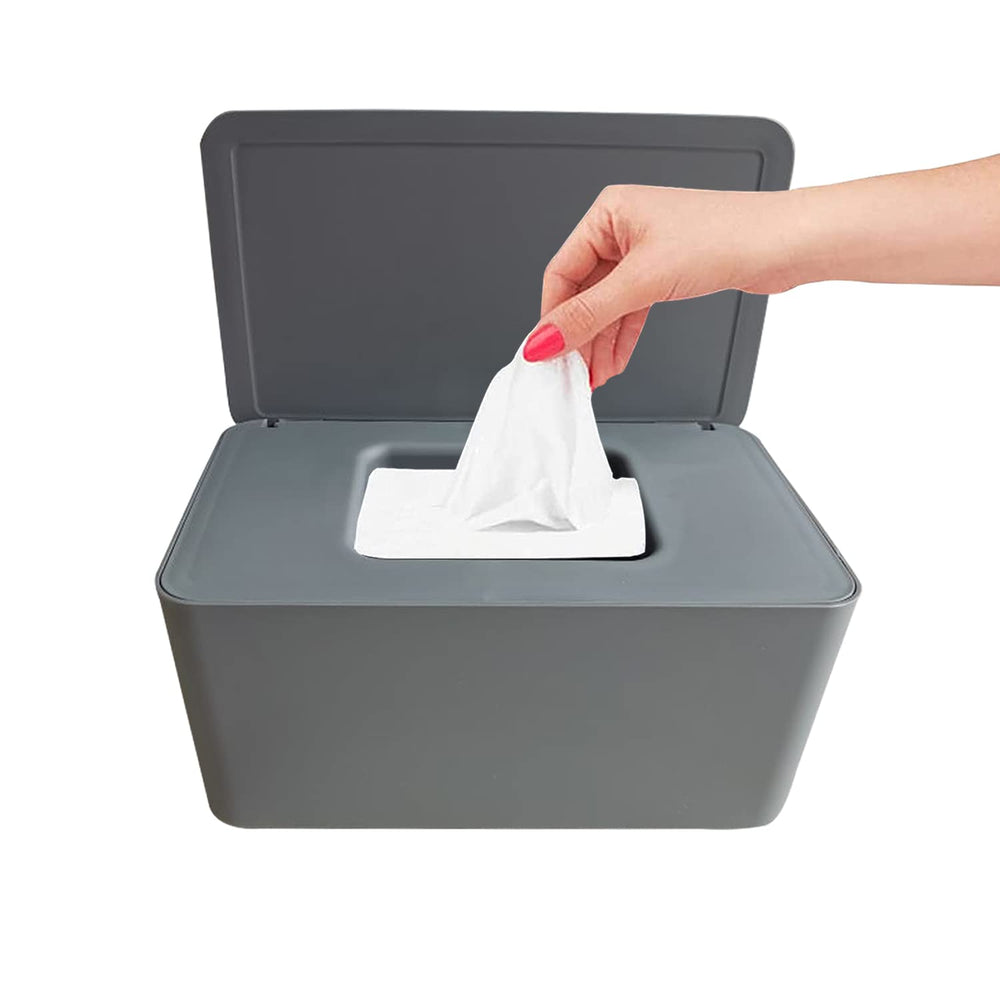 Moorfowl baby wipe dispenser front view showing minimalist storage for quick diaper changes