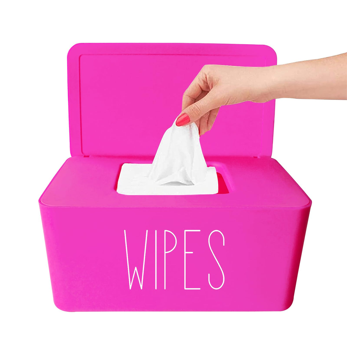 Moorfowl hot-pink wipe dispenser front view keeps wipes organized.