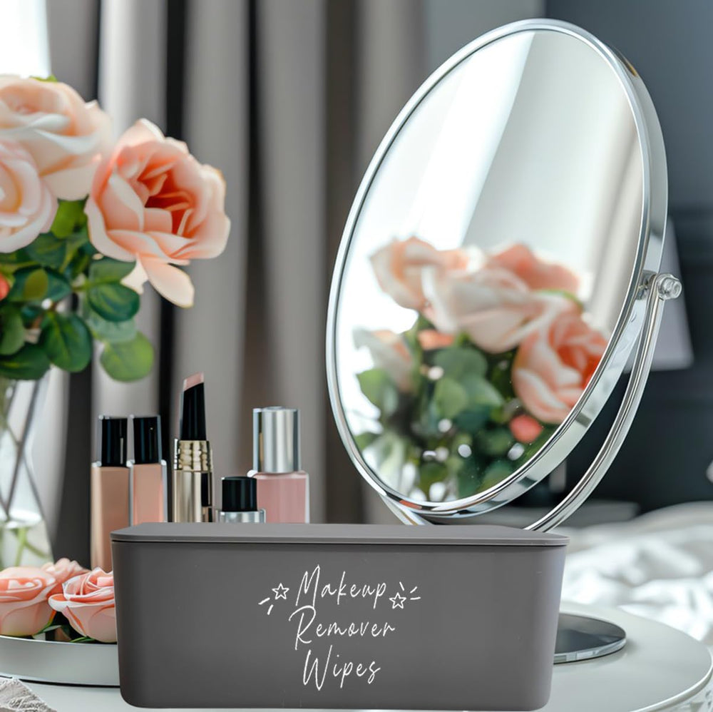 Moorfowl vanity grey dispenser complements dressing table decor.