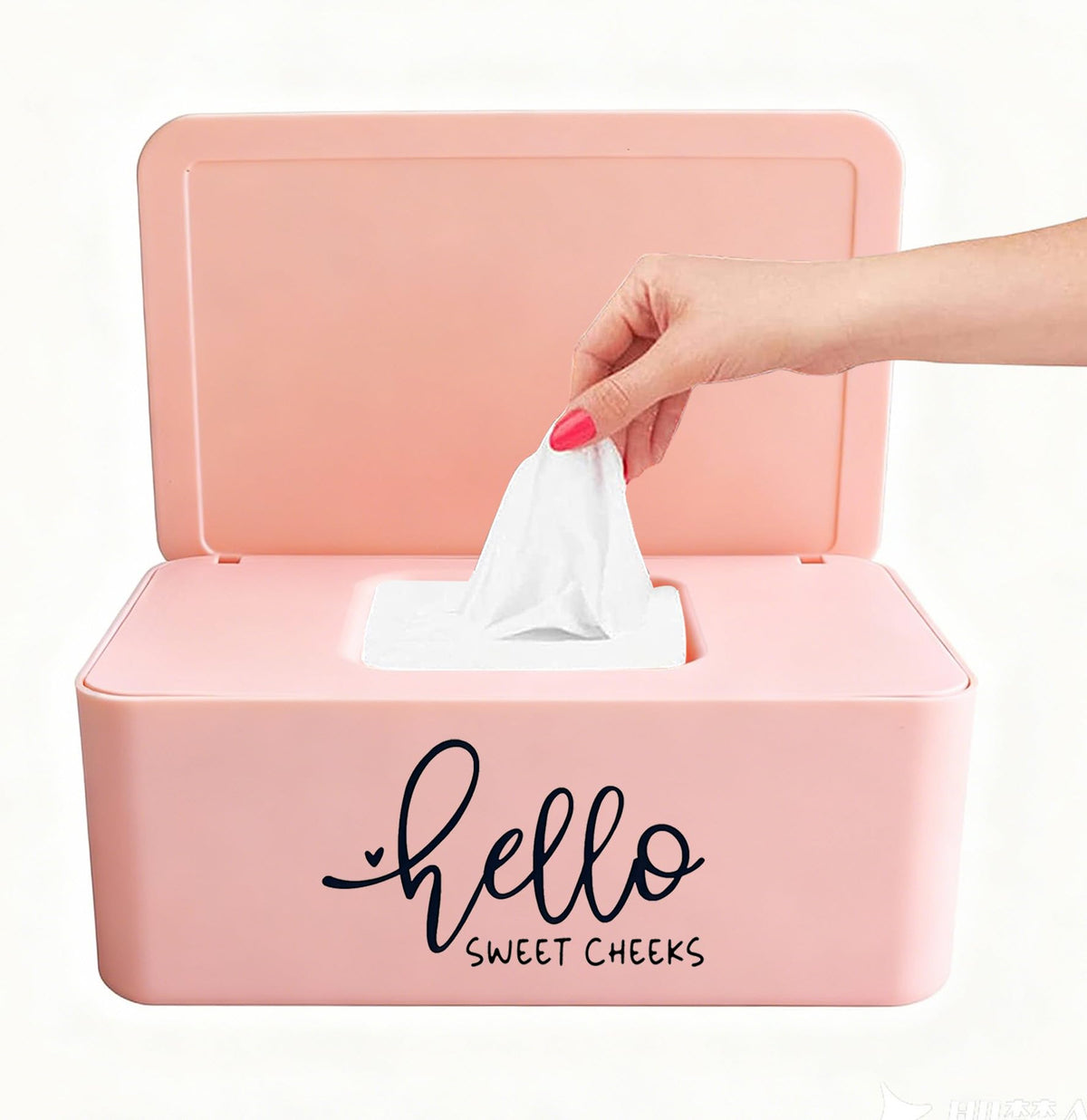 Moorfowl Hello Sweet Cheeks Wipes Holder pink front view enhances bathroom decor and accessibility.