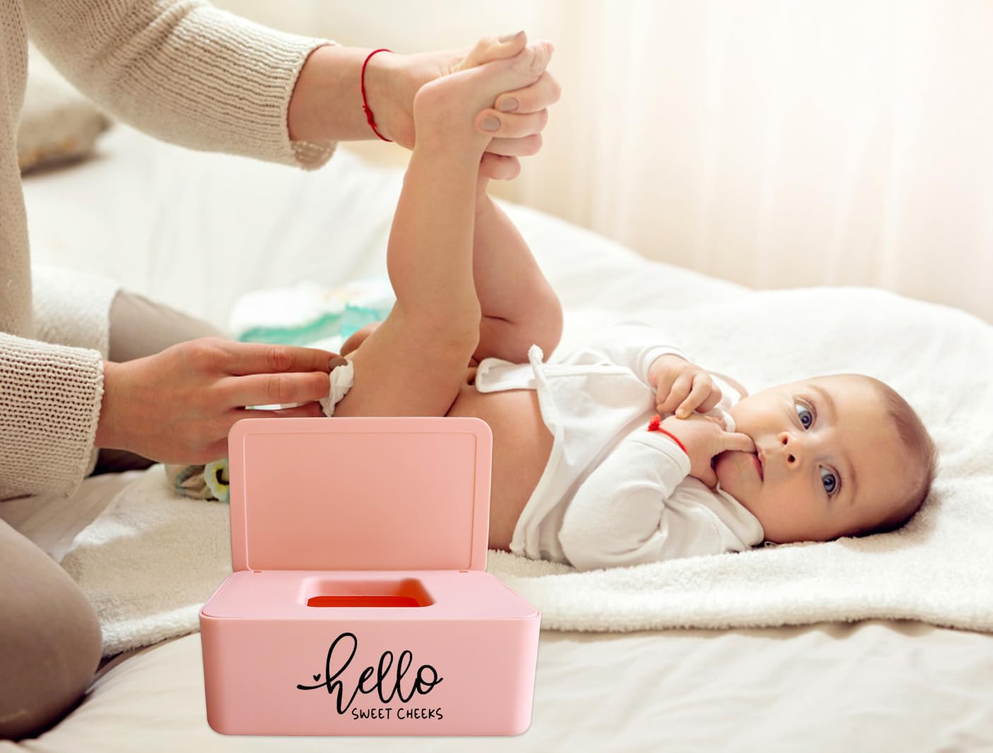 Moorfowl Hello Sweet Cheeks Wipes Holder pink open lid showing wipe access.