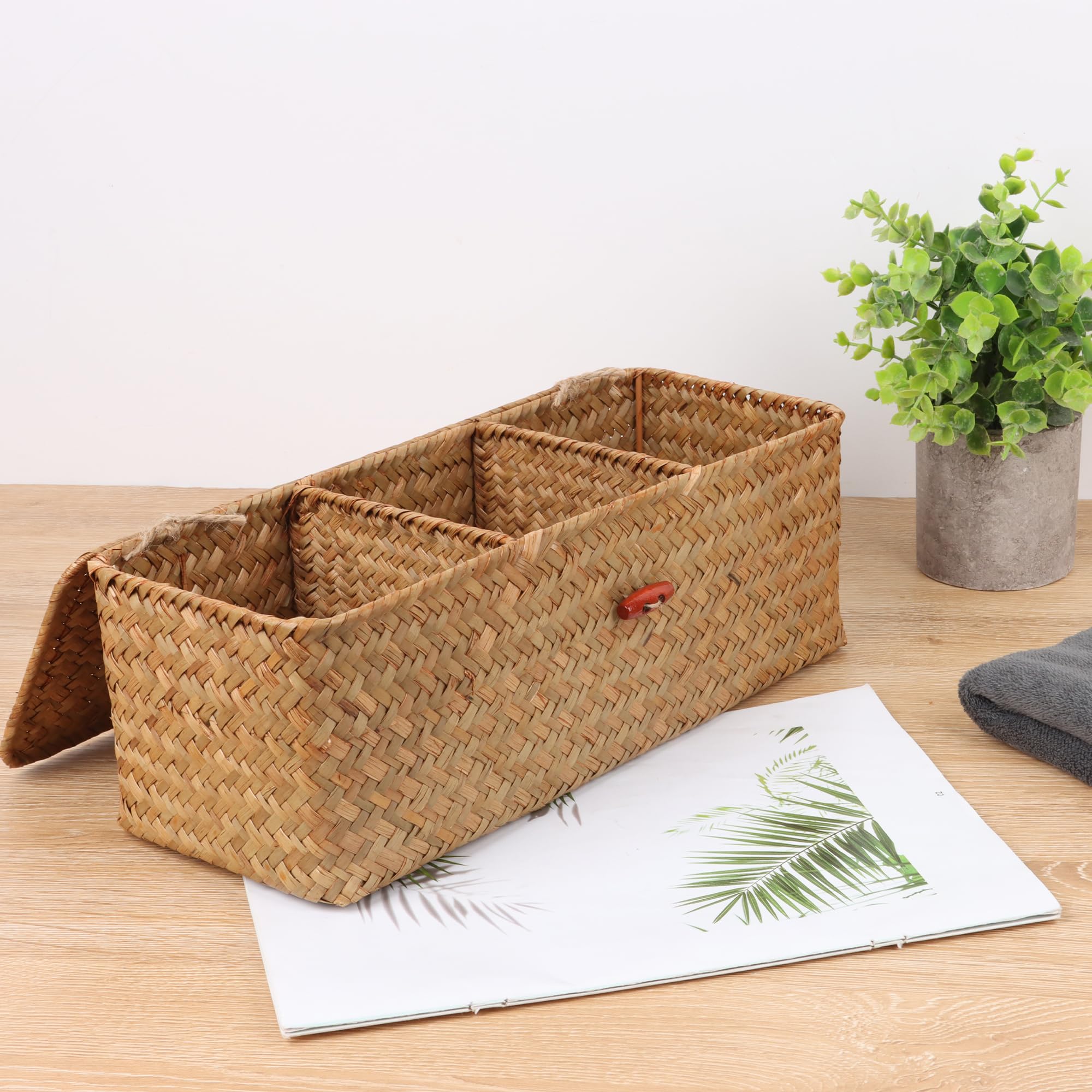Moosky wicker shelf baskets three compartments help organize cosmetics and desk supplies.