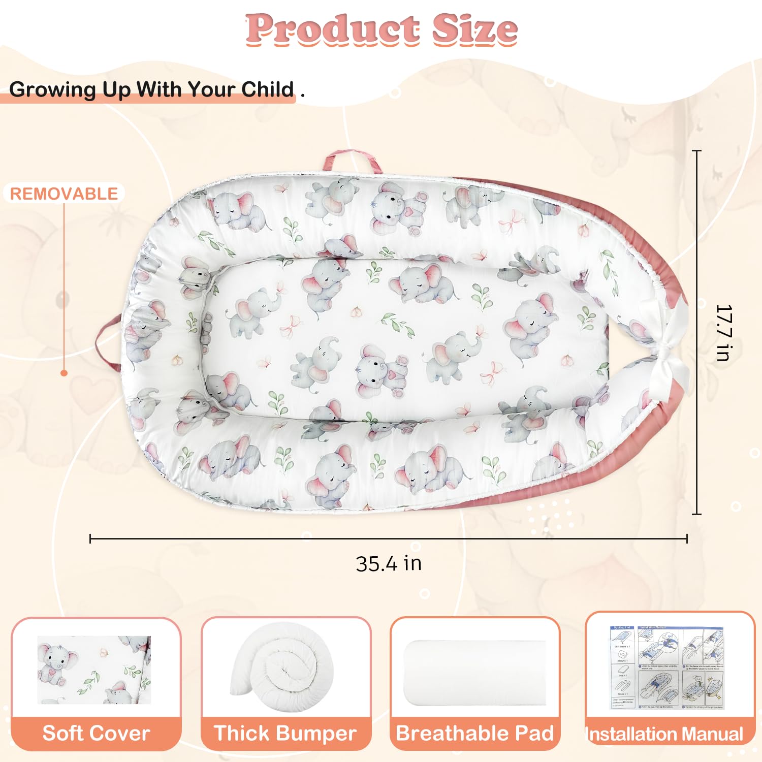 morabloomy elephant portable baby lounger dinosaur-pattern side stimulates baby senses during play