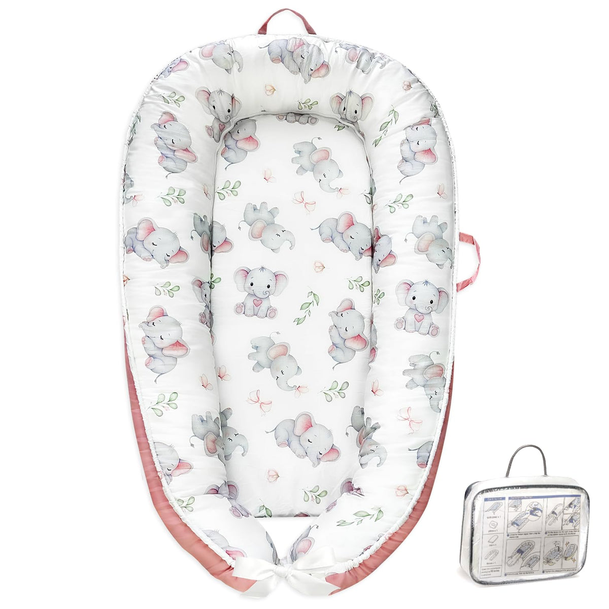 morabloomy elephant portable baby lounger front view for supervised awake time