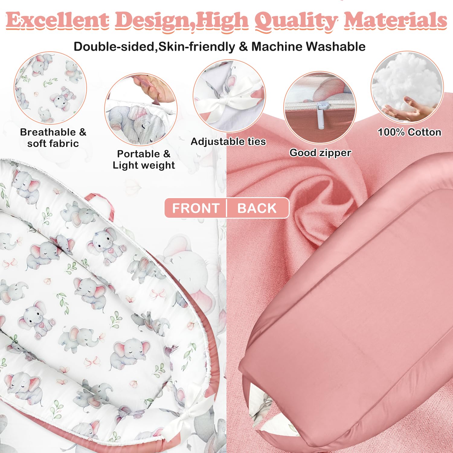 morabloomy elephant portable baby lounger reversible cover grey side showing minimalist design