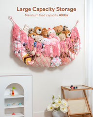 Morcco boho macrame toy hammock with pink tassels brightens rooms while organizing plush.