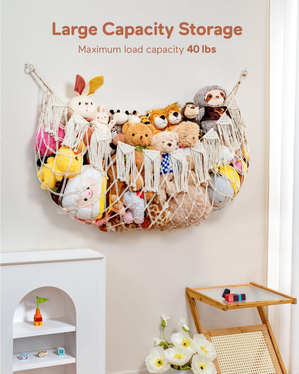 MORCCO boho macrame toy hammock shown in white tassels for nursery decor.